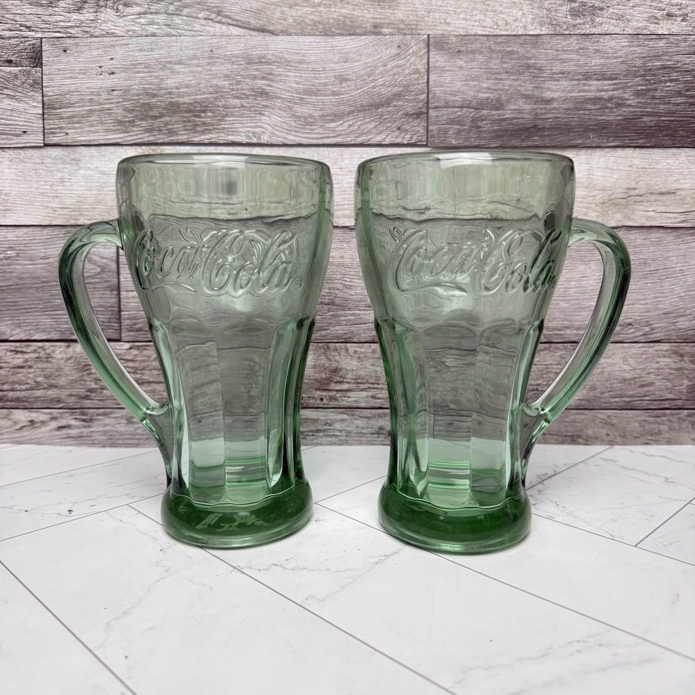 Libbey Coca-Cola Green Glass with Handle Mugs 16oz Heavy - Vintage